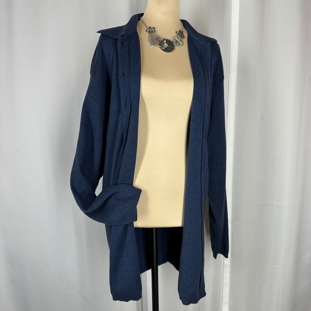 Vintage Eileen Fisher Women's 1X Blue Cotton Long Button Tunic Cardigan USA